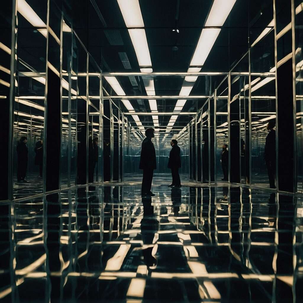 "A hall of mirrors with repeated reflections, symbolizing the media’s echo chamber effect and how narratives are endlessly reinforced."



