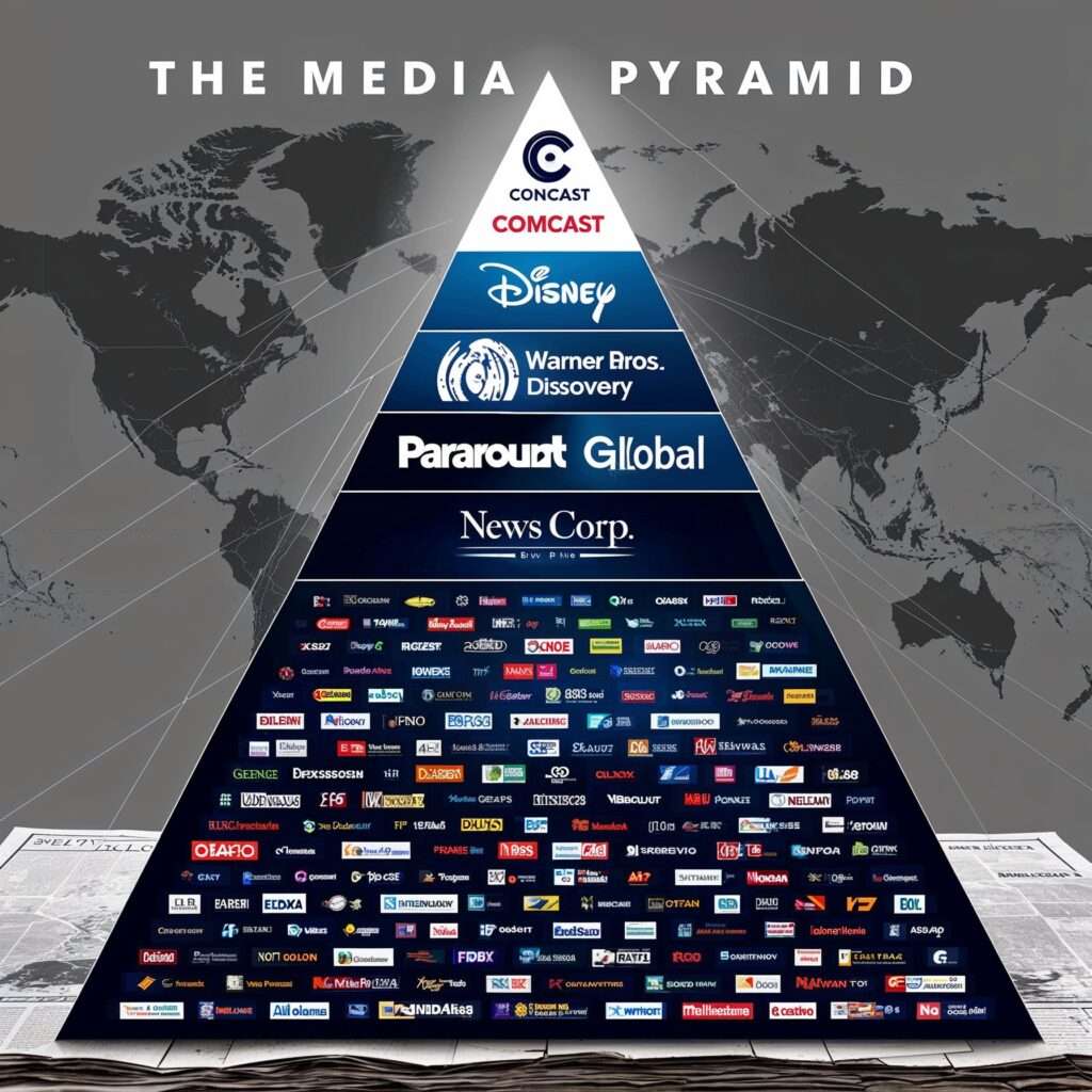 "The media pyramid showing layers of corporate influence, with Comcast, Disney, Warner Bros., Paramount Global, and News Corp at the top."