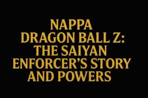 Nappa Dragon Ball Z title text in gold serif font on black background, featuring the full article headline