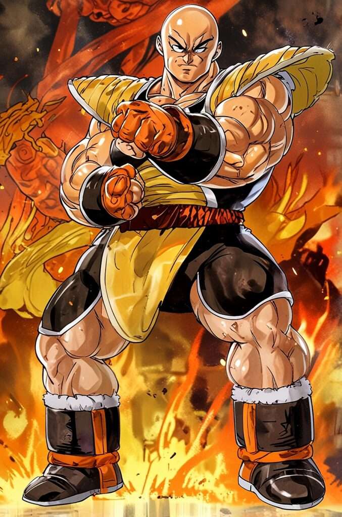 "Nappa, the muscular Saiyan warrior from Dragon Ball Z, standing confidently in classic Saiyan armor. He is surrounded by a fiery battlefield, with flames and smoke creating an intense and dramatic backdrop."