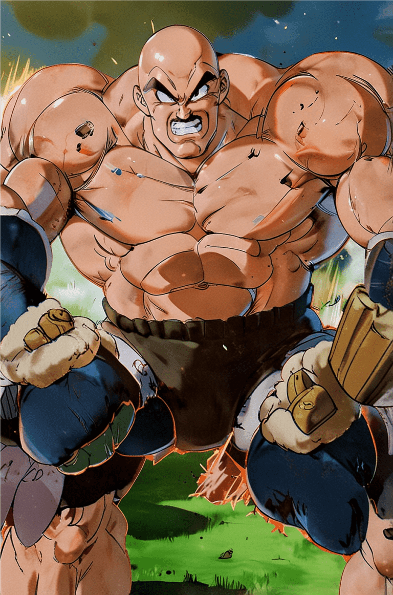 Nappa, the Saiyan warrior from Dragon Ball Z, standing in a powerful stance with a menacing expression, battle-damaged armor, and a chaotic battlefield backdrop.