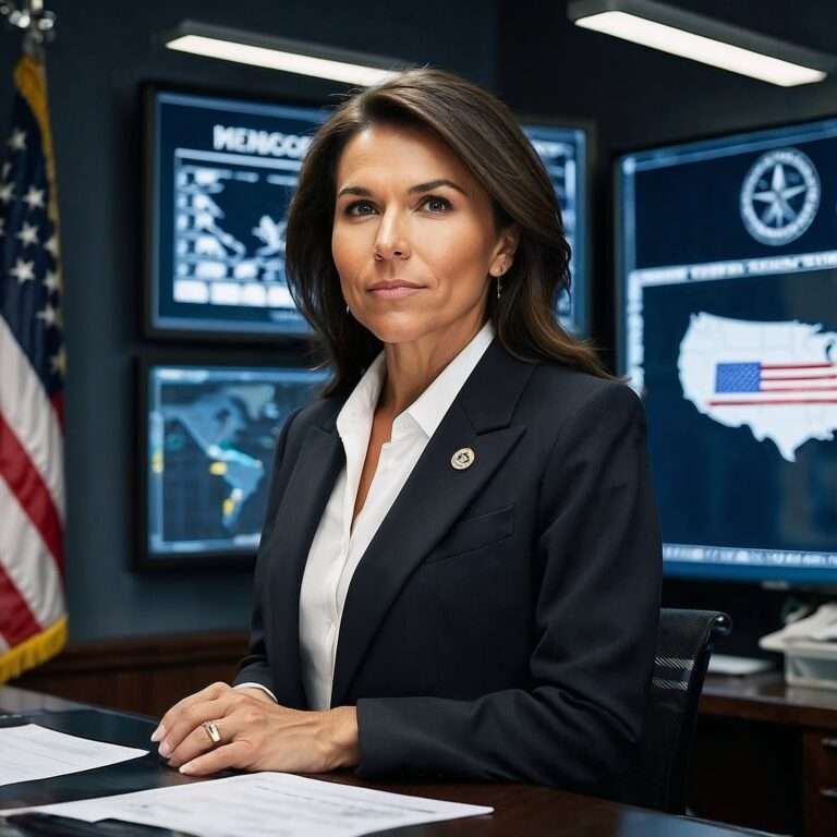 Gabbard as DNI focusing on cybersecurity challenges in a modern intelligence setting A professional woman in a dark suit and white shirt, seated in a command center with multiple screens displaying maps, data, and the American flag, symbolizing leadership in national intelligence.