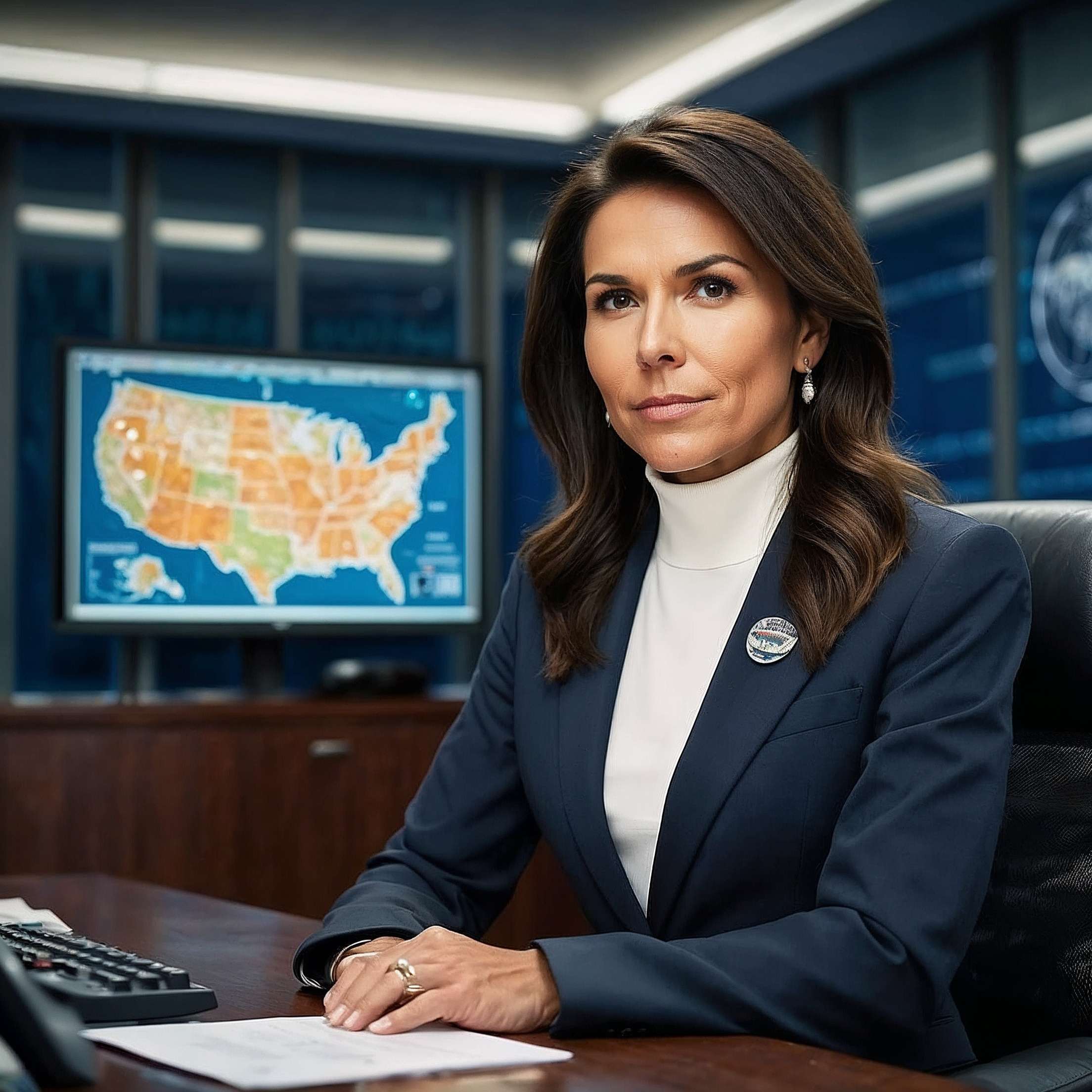 A professional woman in a navy suit seated in a strategic briefing room, with a U.S. map on a screen in the background, symbolizing leadership in national intelligence and policy.

