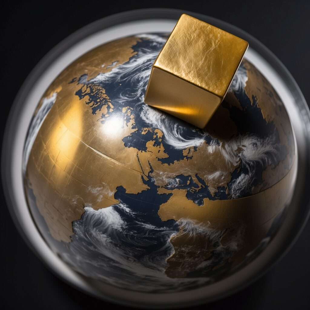 "A golden cube representing the New Jerusalem in Revelations, shown hovering above a globe of Earth. The celestial city symbolizes God's eternal presence, as described in Revelation 21."

