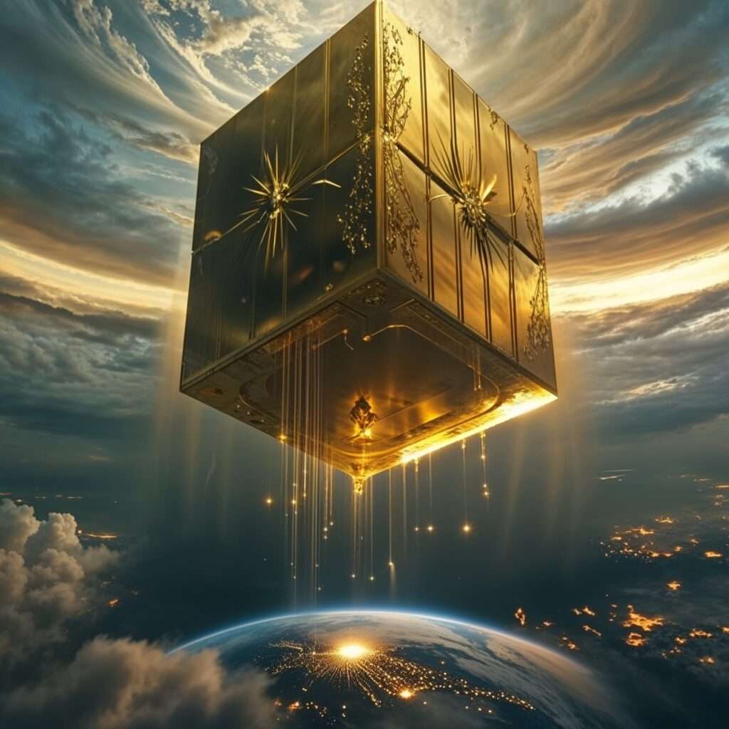 "A stunning depiction of the New Jerusalem in Revelations, a radiant golden cube descending to Earth, glowing with divine light. The celestial city, as described in Revelation 21, symbolizes God's eternal presence with His people."