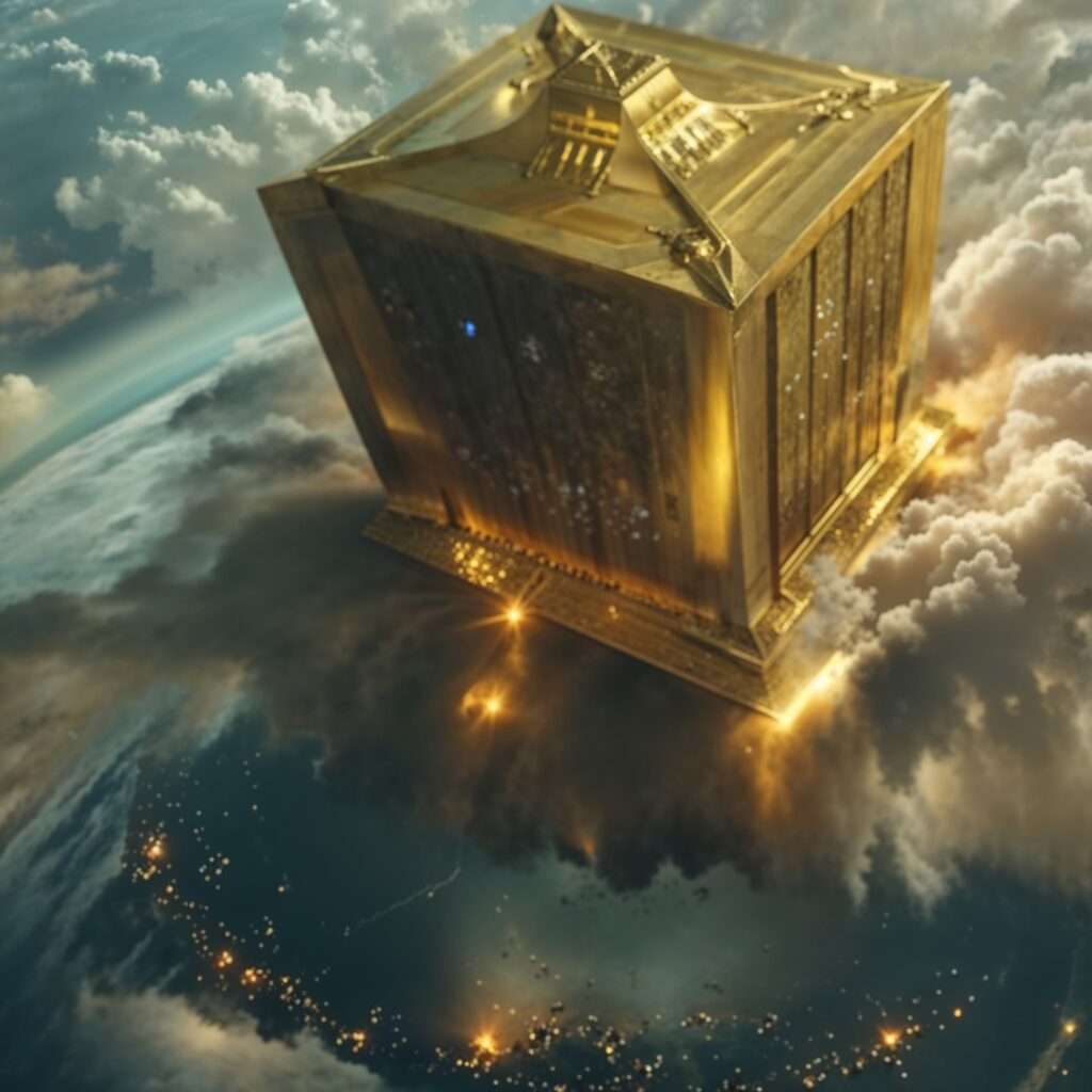 "A golden radiant cube representing the New Jerusalem in Revelations, descending through the clouds to Earth. The celestial city glows with divine light, showcasing its immense size and beauty, symbolizing God's eternal dwelling place as described in Revelation 21."