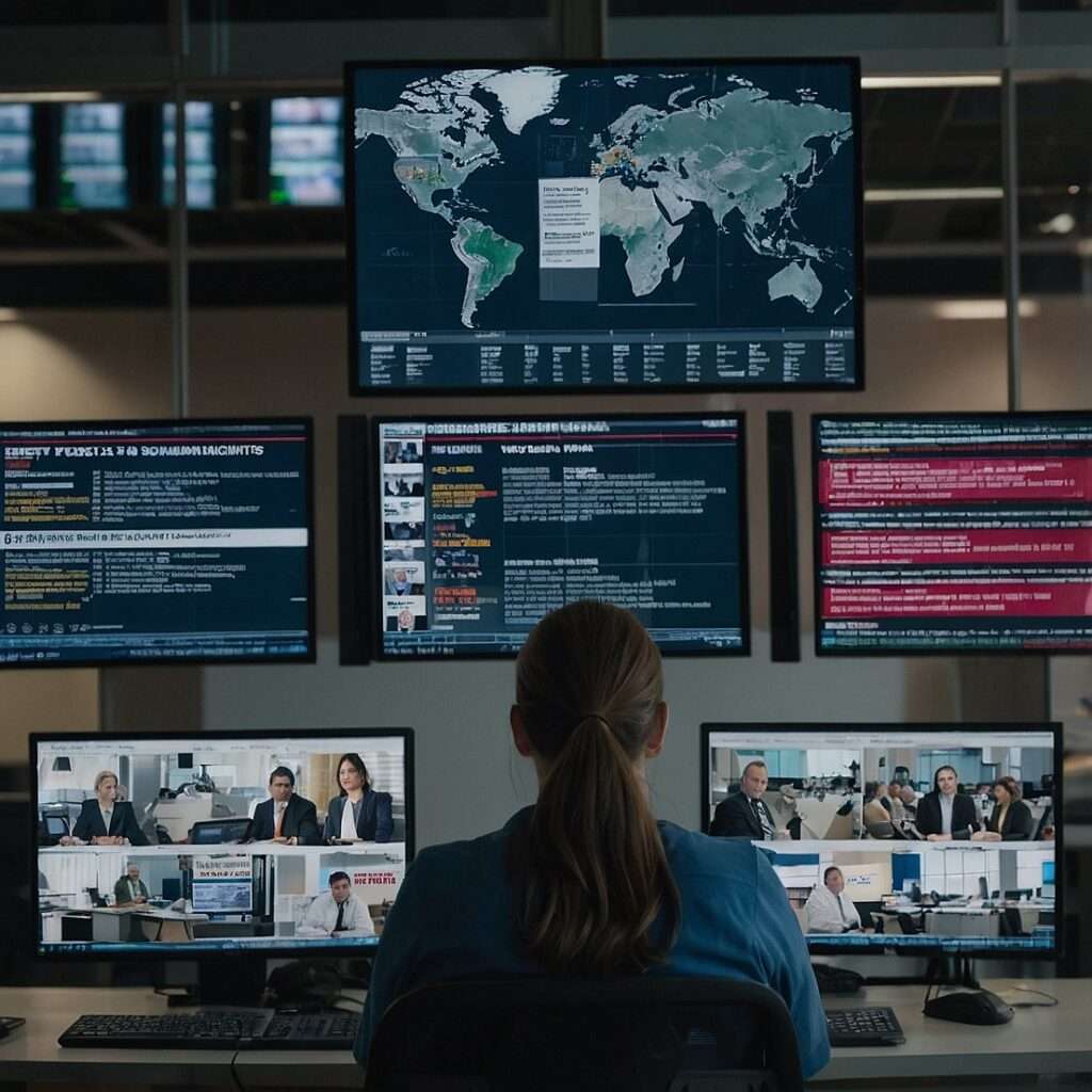 A journalist sitting at a workstation surrounded by monitors displaying news and maps, analyzing headlines about Project 2025 and reproductive rights.

