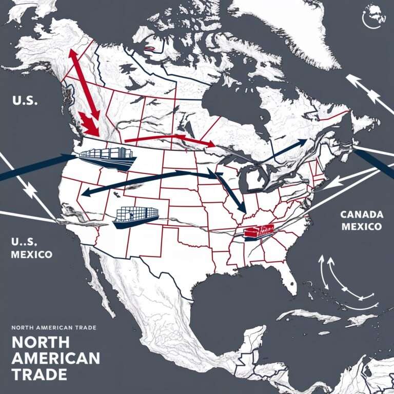 Dramatic map of North America highlighting the U.S., Canada, and Mexico with trade symbols like cargo ships, trucks, and dollar signs. Cracks and barriers overlay the map, symbolizing trade disruption caused by tariffs.