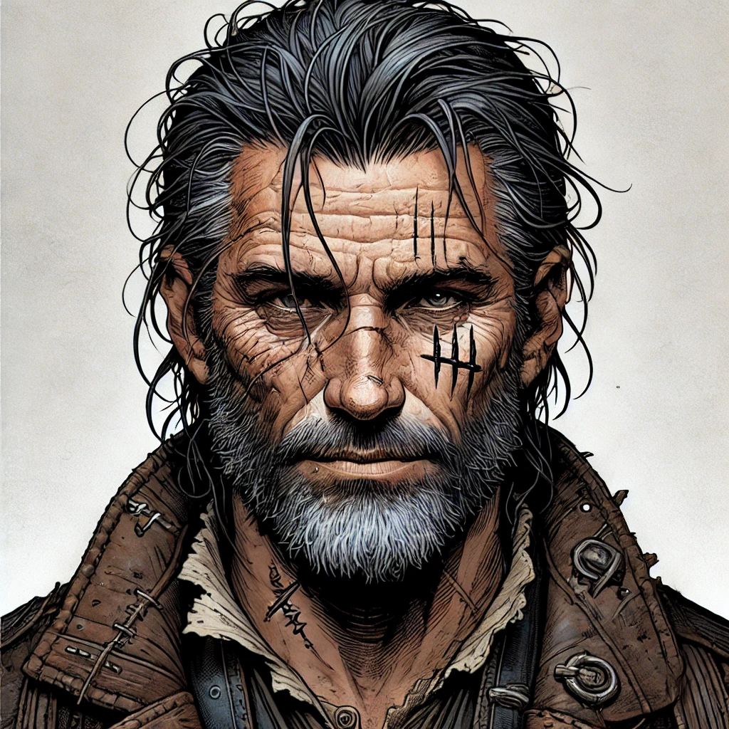 "Illustration of an older and scarred Logen Ninefingers from Joe Abercrombie’s First Law series. Depicted in grimdark realism, with heavy scars, a weathered face, and worn Northern attire."