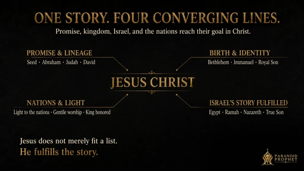 Christian evidence-map infographic showing four biblical lanes—promise and lineage, birth and identity, nations and light, and Israel’s story fulfilled—converging in Jesus Christ.