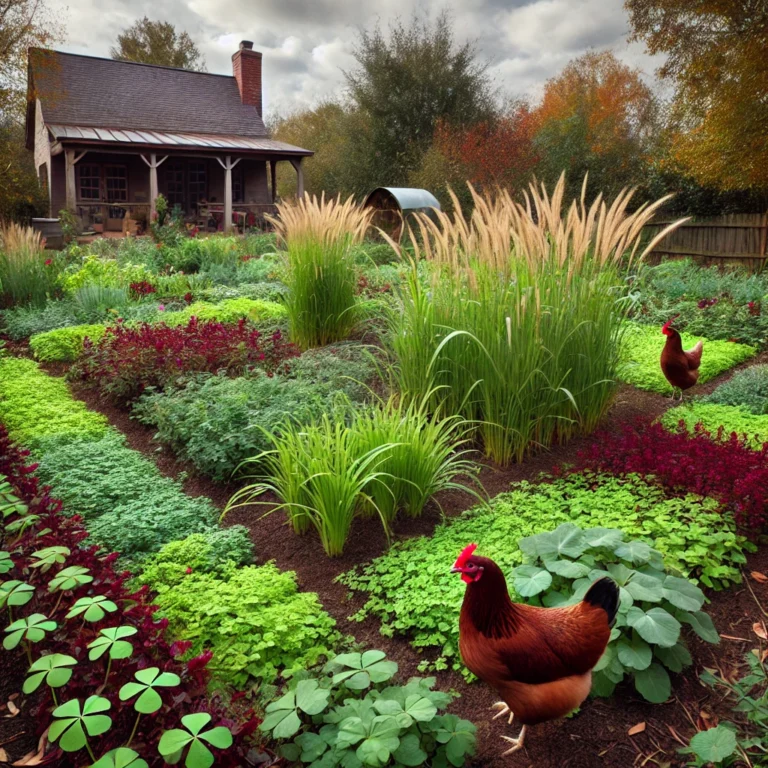 Cover crops in a backyard with free-range chickens, including winter rye and crimson clover, ideal for soil health