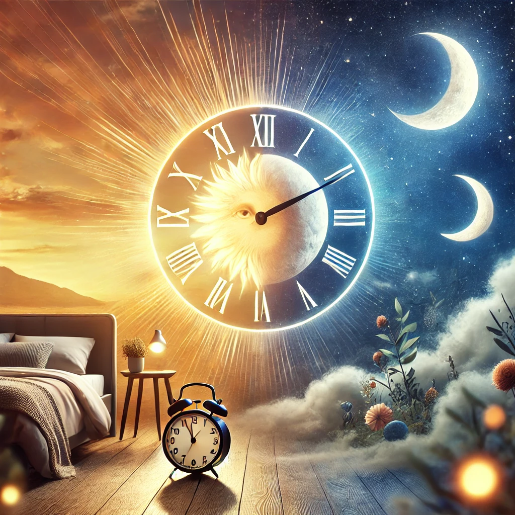 Abstract clock with sun and moon symbols, blending day and night, with a cozy bedroom scene on the night side