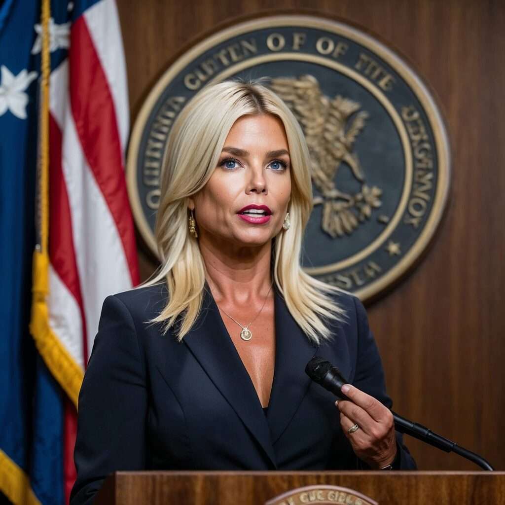 Pam Bondi standing at a podium with the Department of Justice seal in the background, addressing the audience as the nominee for Attorney General.

