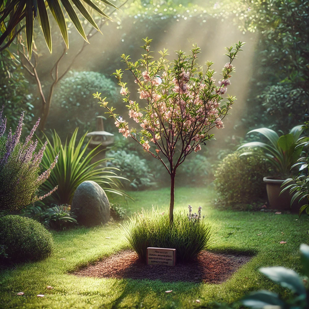 planting a memorial for chickens or ducks : A serene garden with a flowering bush as a memorial for a pet chicken burial, symbolizing renewal and remembrance.