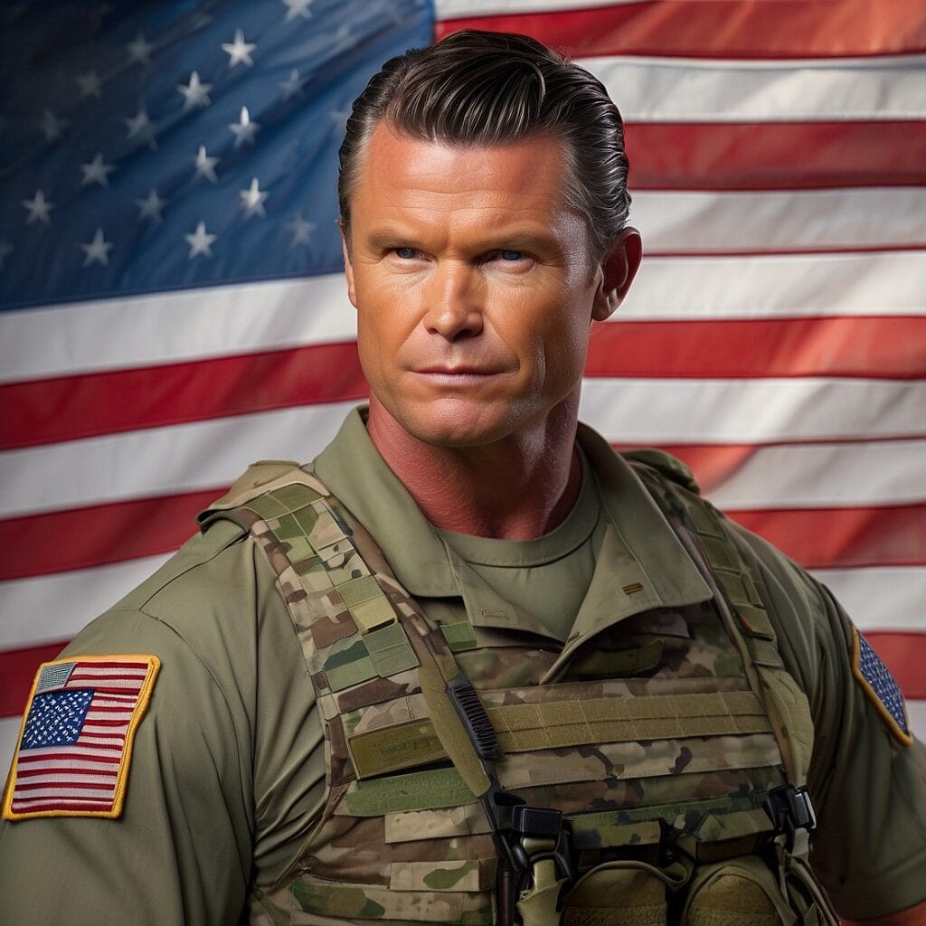 A depiction of Pete Hegseth in Army National Guard uniform, standing confidently in a forward operating base, with accurate details like combat patches and rank insignia reflecting his service in Iraq or Afghanistan.