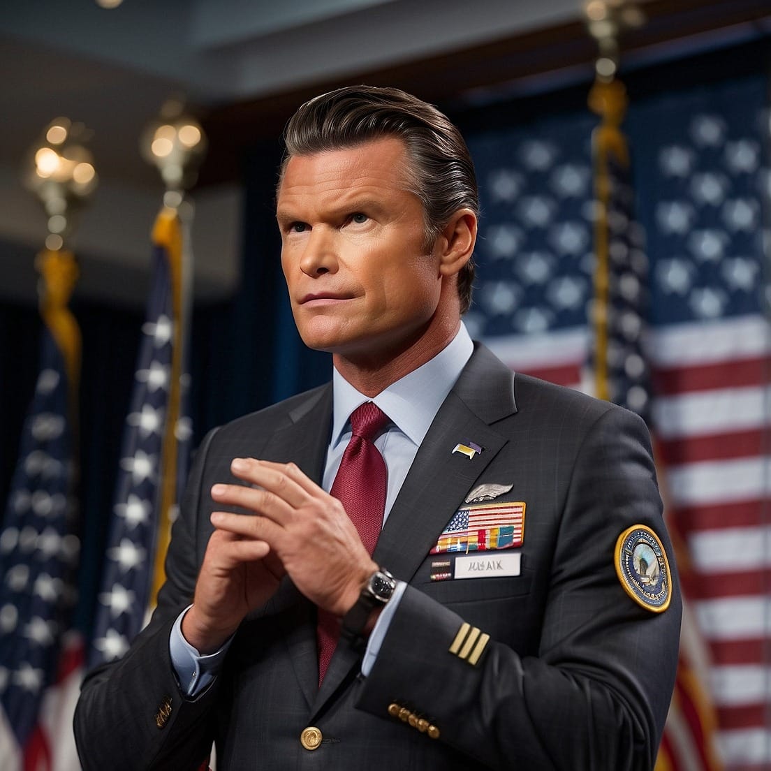 Pete Hegseth standing at a podium in the Pentagon briefing room, delivering a speech as Secretary of Defense, symbolizing leadership and national defense strategy.