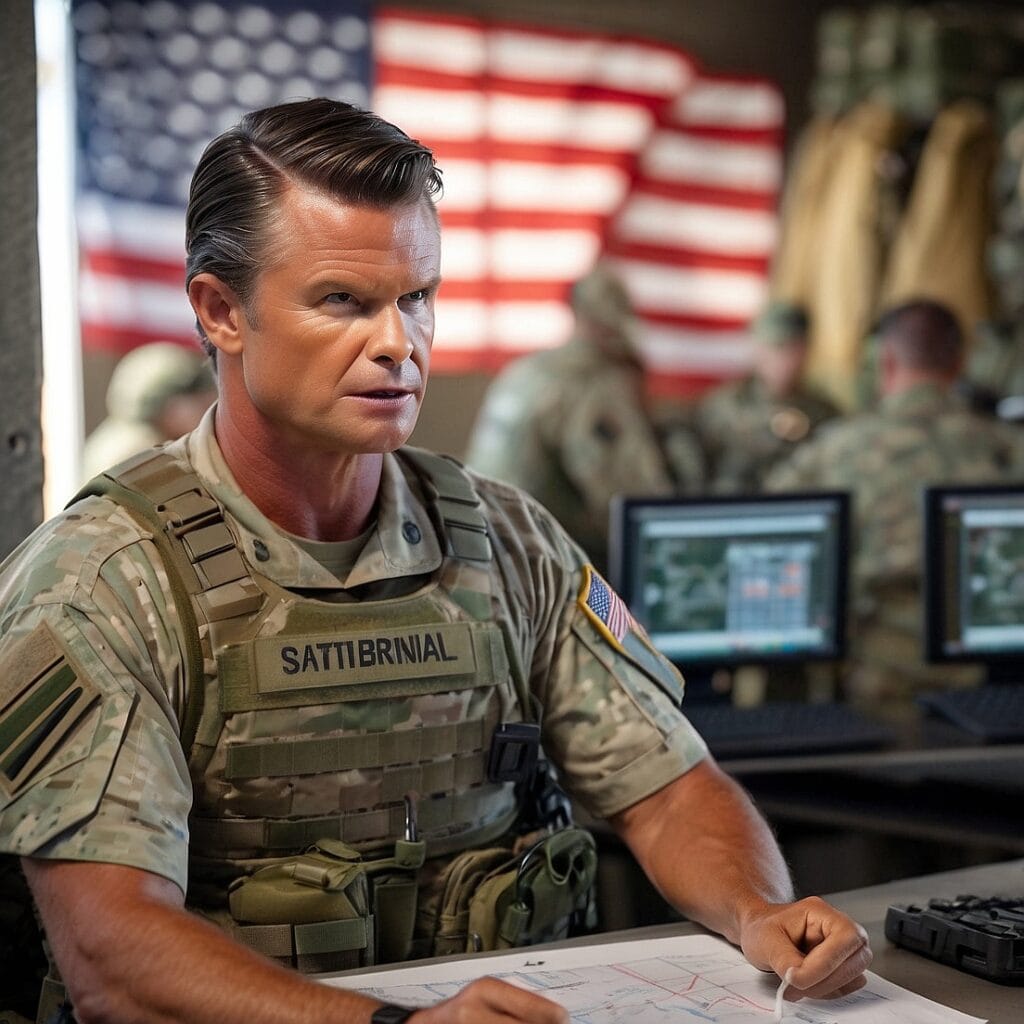 Pete Hegseth in Army National Guard uniform leading a tactical briefing with soldiers around a map at a forward operating base, demonstrating leadership and strategy.