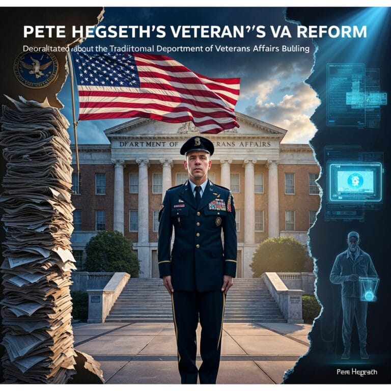 Decorated U.S. military veteran standing in front of the Department of Veterans Affairs building, symbolizing Pete Hegseth’s vision for VA reform with a contrast between bureaucracy and modern technology.