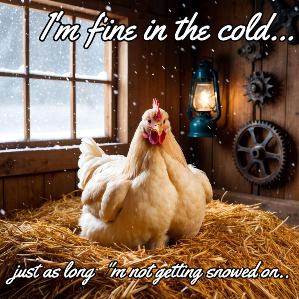 "A smug plump chicken sitting comfortably in a warm, rustic barn with a snowstorm raging outside. The chicken looks unbothered by the cold thanks to its dense, insulating feathers."