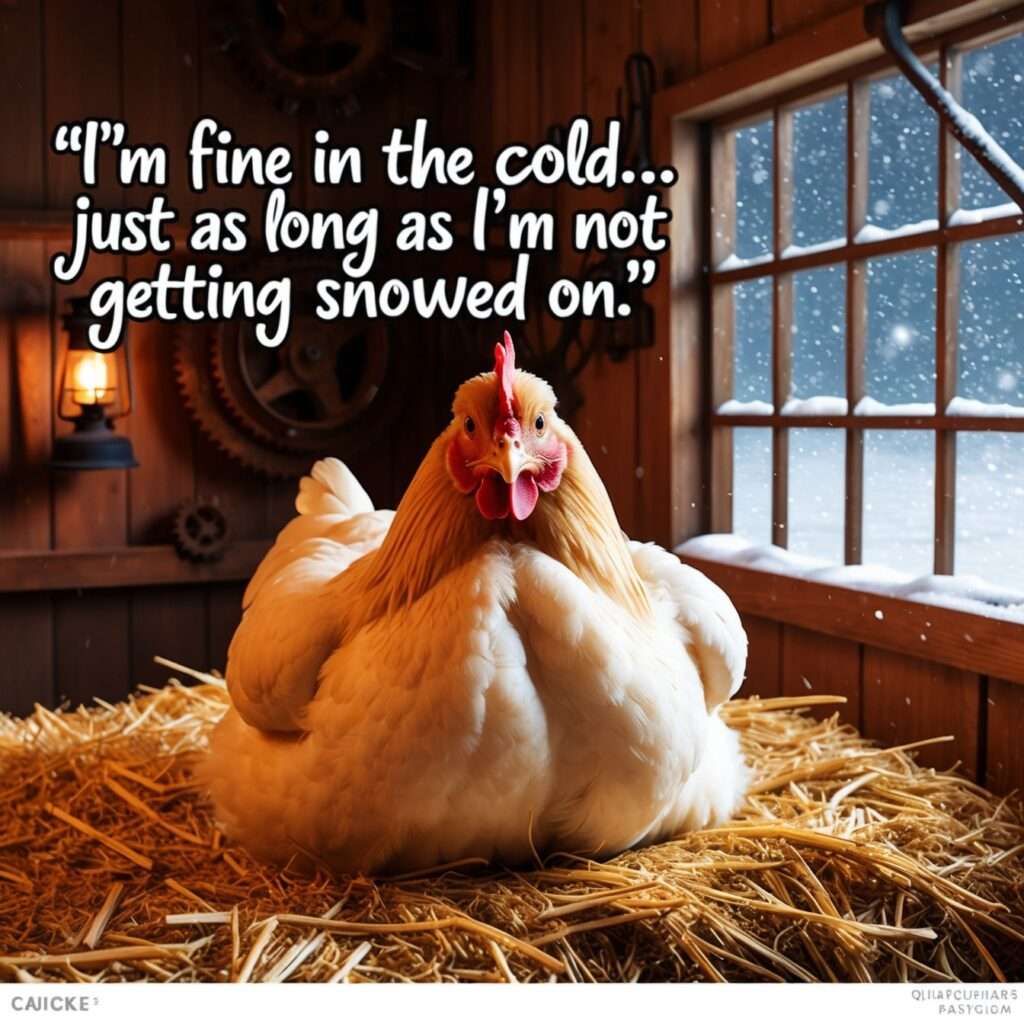 "A plump chicken sitting inside a warm, cozy barn, surrounded by snowstorm weather outside. The chicken looks smug and unbothered, showcasing its dense feathers as insulation against the cold."