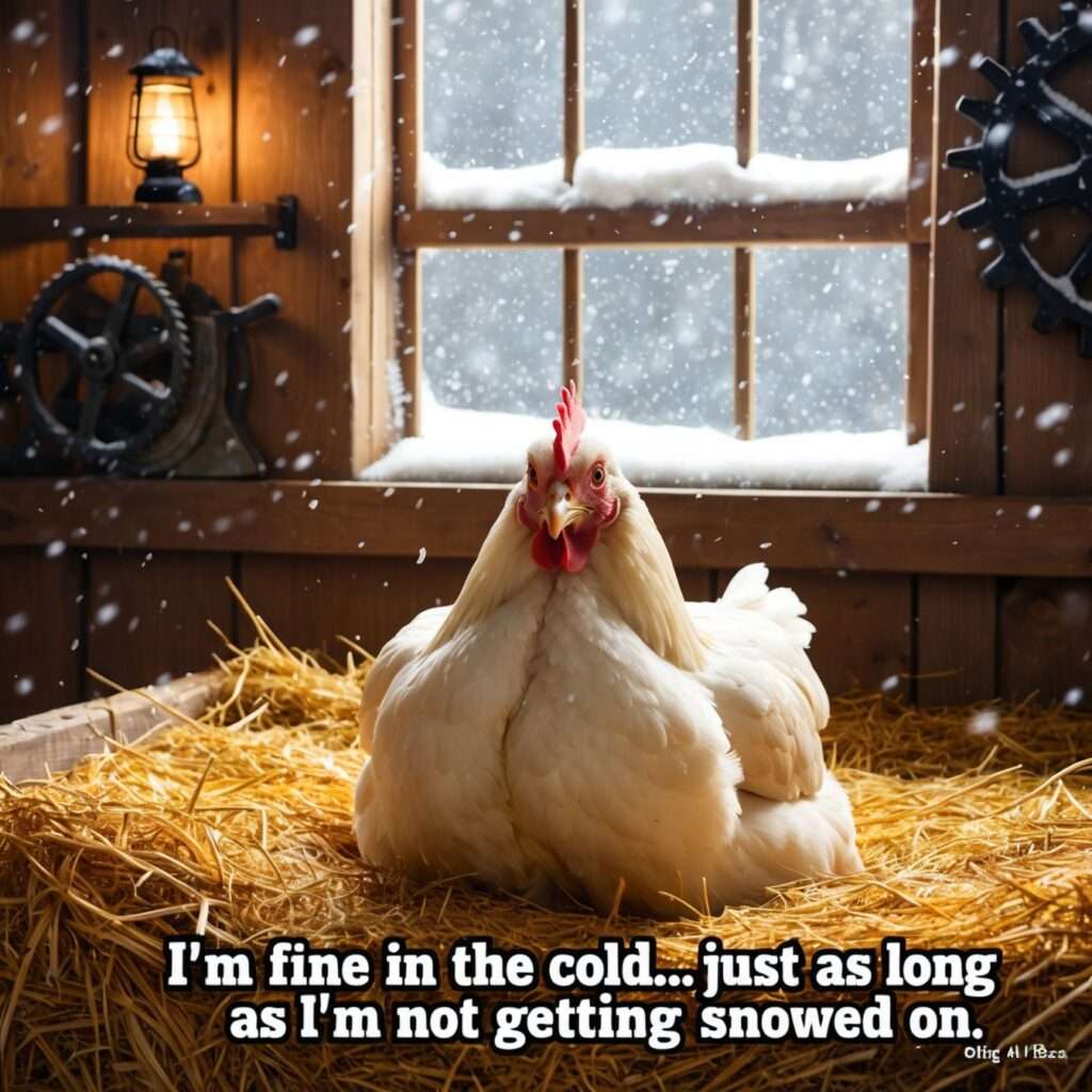 Cartoon chicken sitting comfortably inside a warm barn, cozy and content, while snow piles up outside.