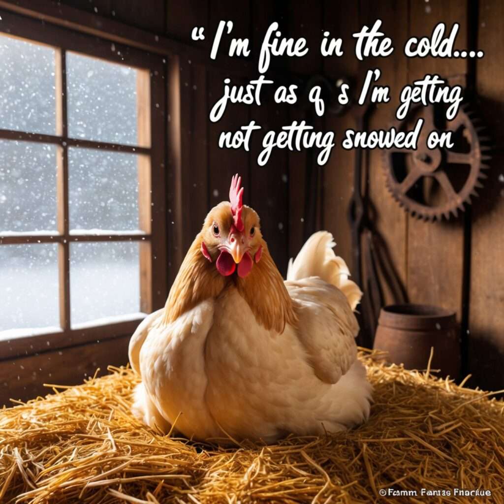 "A plump chicken sitting comfortably inside a warm barn while a snowstorm rages outside. The chicken looks smug and unbothered, showcasing its thick feathers as insulation against the cold weather."