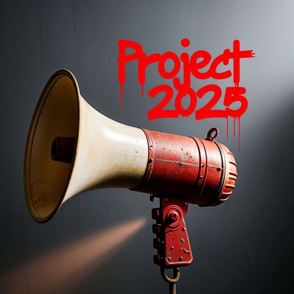 A vintage-style megaphone with a rusty metal exterior, casting a shadow against a gray background, with the words “Project 2025” painted in red graffiti font above it.

