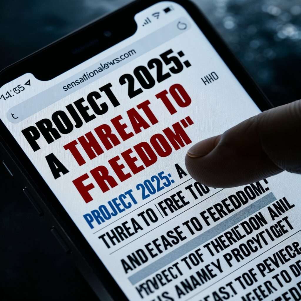 A close-up of a smartphone screen showing a sensational headline reading "Project 2025: A Threat to Freedom," with a finger scrolling through the article.

