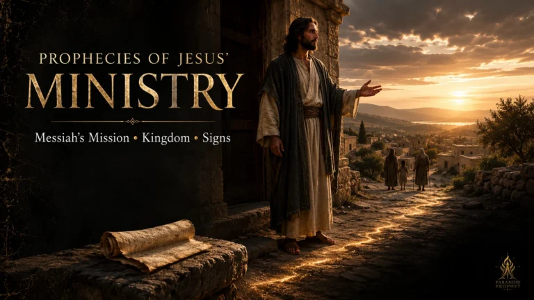 Jesus stands at the doorway of a Galilean village at dawn, illustrating Old Testament prophecies fulfilled in His public ministry, kingdom mission, and restoring signs.