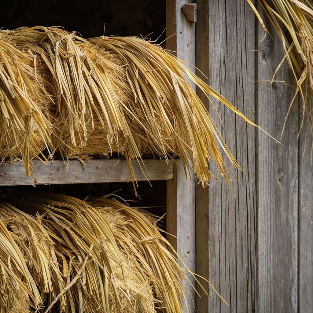 A quaint rustic backyard chicken coop adorned with dried wheatgrass and surrounded by natural greenery, evoking a serene farm-like atmosphere.