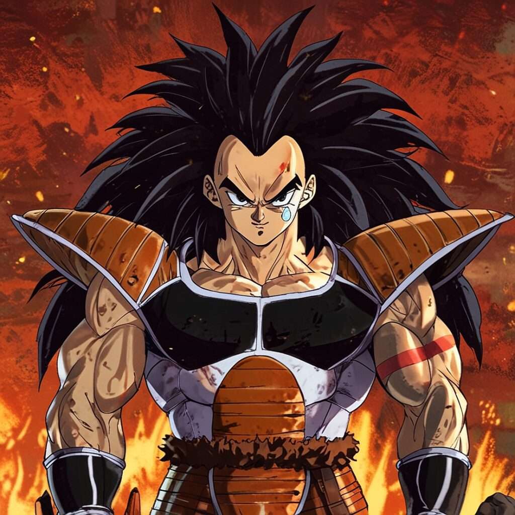 "Raditz from Dragon Ball Z standing in Saiyan armor with wild spiky hair, muscular build, and a fiery background, showcasing his powerful and menacing presence."