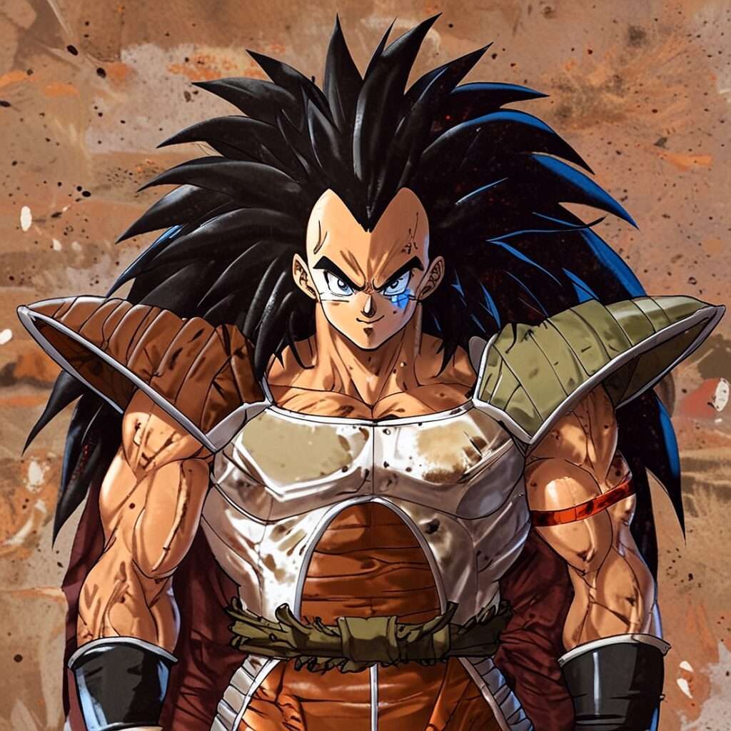 "Raditz from Dragon Ball Z standing confidently in his Saiyan armor, with long spiky hair, muscular build, and a determined expression, set against a textured background."