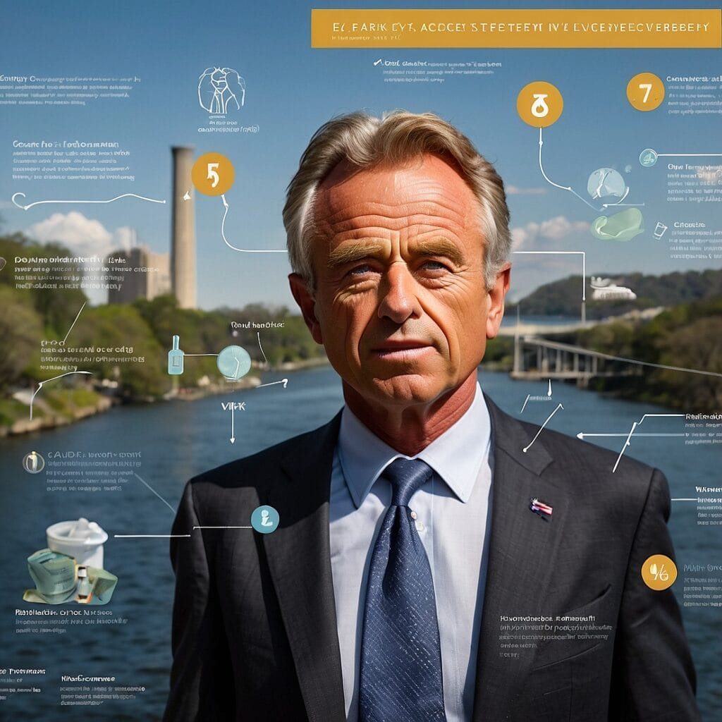 Robert F. Kennedy Jr. standing by a clean river, symbolizing his advocacy for environmental health and healthcare reform, with overlaying graphics depicting health initiatives and statistics.