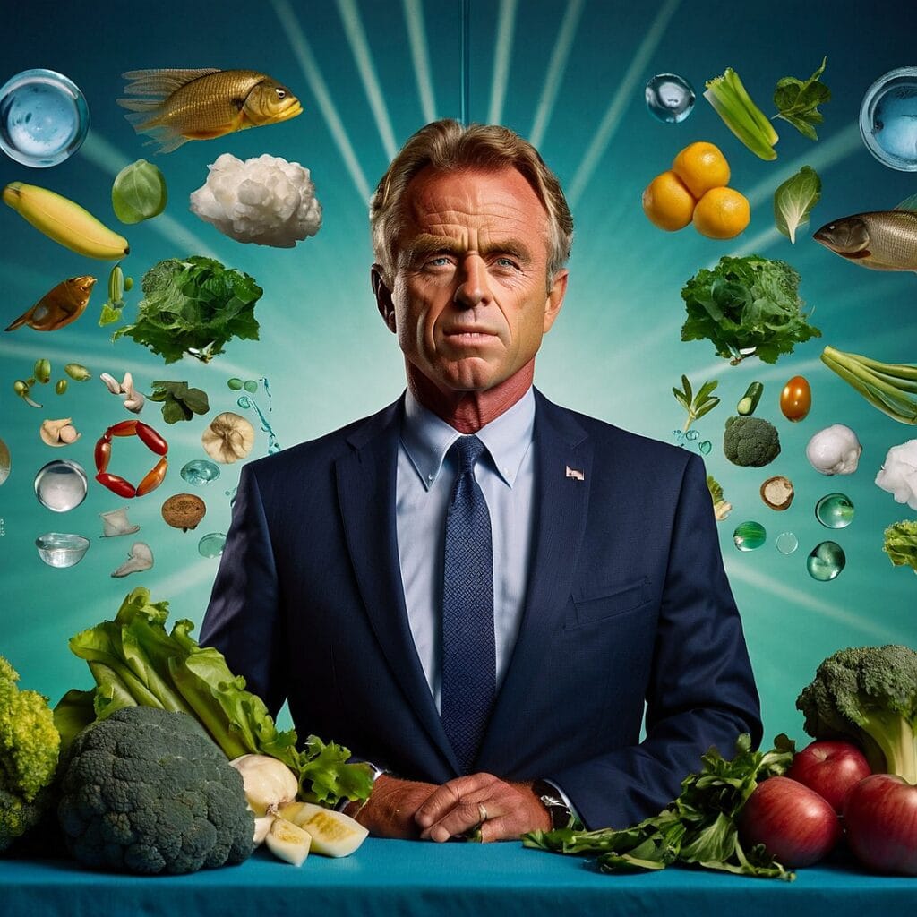 RFK Jr. as Health Secretary: Advocating health freedom and public health reform." Robert F. Kennedy Jr. standing with symbols of health reform, including clean water, fresh produce, and medical icons, symbolizing his vision for bold health reform."