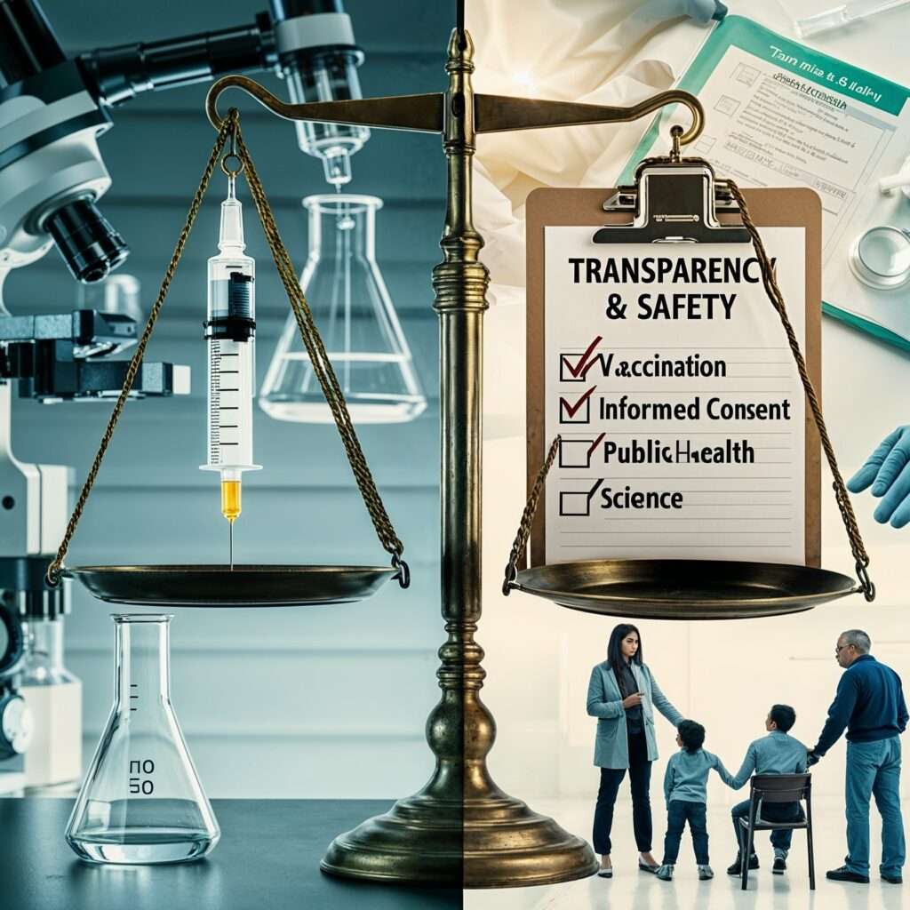 Illustration of a balanced scale with a syringe representing vaccination and public health on one side, and a clipboard labeled 'Transparency & Safety' on the other, set against a split background of a scientific lab and a family in discussion, highlighting RFK Jr.'s stance in the vaccine debate.