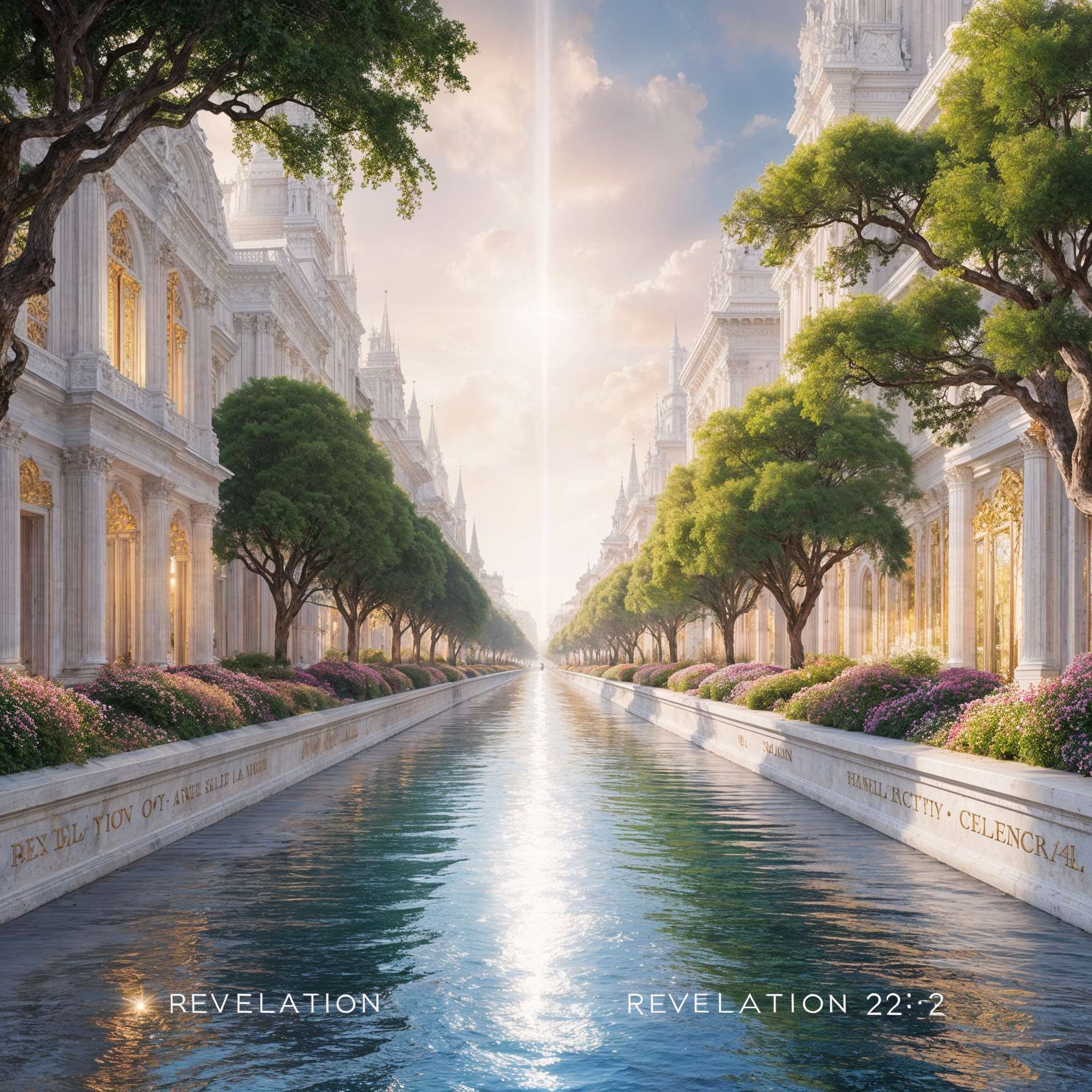 "Beautiful illustration of the River of Life in the New Jerusalem, flowing down the center of golden streets surrounded by flourishing trees and vibrant greenery. Inspired by Revelation 22:1-2, this heavenly scene symbolizes divine life and provision."

