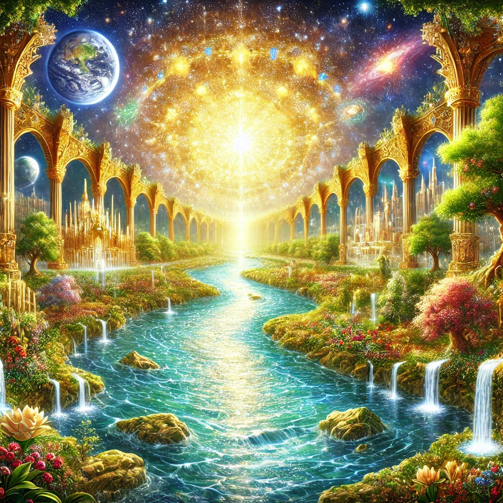 "Depiction of the River of Life in the New Jerusalem, flowing as clear as crystal from the throne of God and the Lamb. The river runs through the center of the golden streets, surrounded by the Tree of Life, symbolizing God’s eternal provision as described in Revelation 22."

