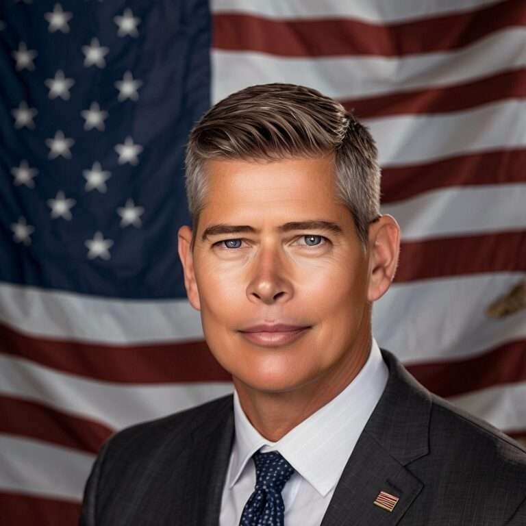 Sean Duffy, nominee for Secretary of Transportation, standing confidently in a suit with an American flag and U.S. map in the background, symbolizing rural and urban infrastructure goals.