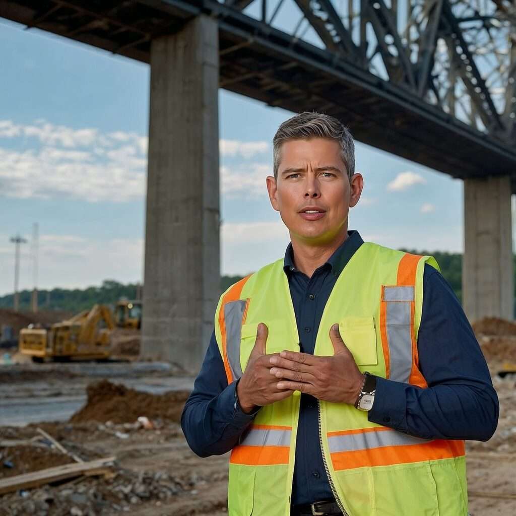 Sean Duffy, Secretary of Transportation, wearing a safety vest and hard hat at a construction site, symbolizing leadership in rural infrastructure development.