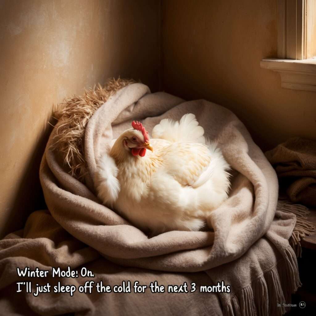 "A serene, plump chicken sitting snugly in a rustic barn, surrounded by warmth and comfort while snow accumulates outside. The chicken appears relaxed and at peace, its feathers offering perfect insulation."