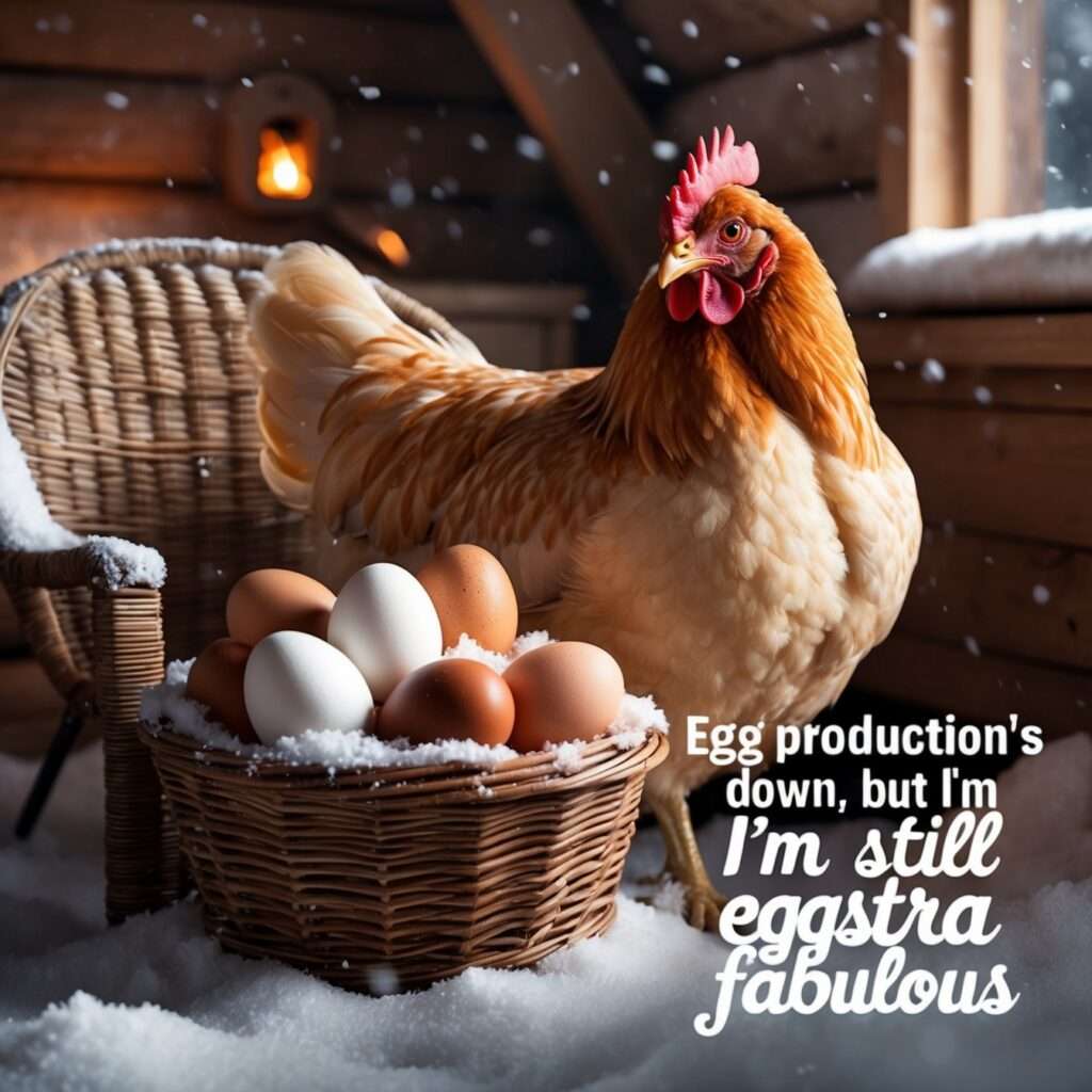 "A serene winter scene featuring a proud, plump chicken perched amidst gently falling snow, radiating a calm yet confident presence in the peaceful landscape."