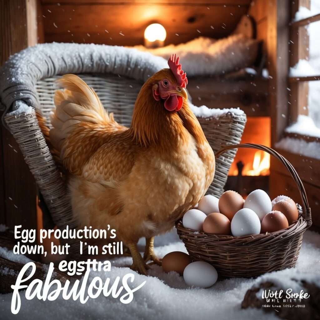 "A serene winter scene featuring a proud, plump chicken in a snowy landscape, standing confidently amidst soft snowflakes, radiating calm and assurance."