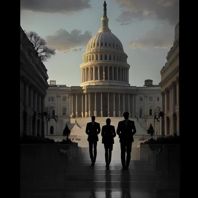 Marco Rubio Secretary of State hawkish policy risks.Silhouettes of three suited figures walking toward the U.S. Capitol building at dusk, symbolizing power, decision-making, and political influence.