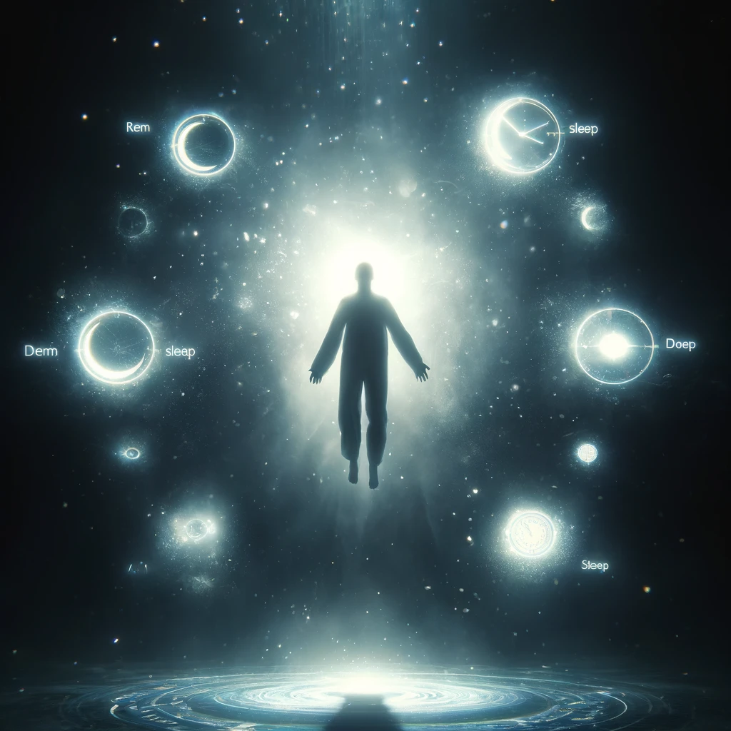 A lone figure floating in a dark void, surrounded by glowing symbols of REM, deep, and light sleep stages, symbolizing the journey through sleep cycles.