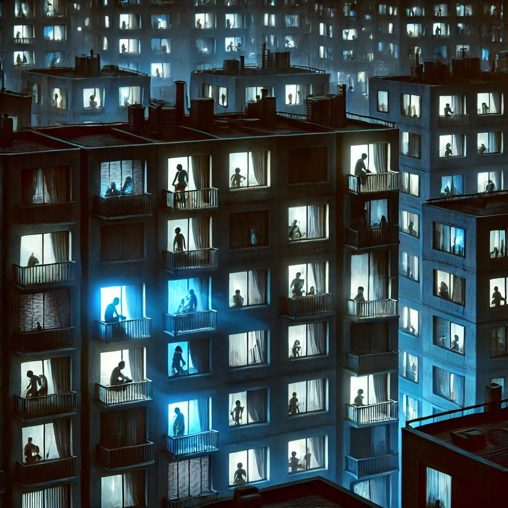 A dark cityscape at night with rows of illuminated windows, suggesting a society where people are awake and absorbed by digital screens