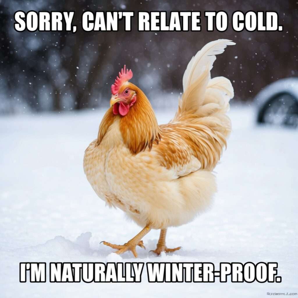 Smug cartoon chicken sitting inside a warm barn with snow piled up outside, looking unbothered by the cold winter weather.