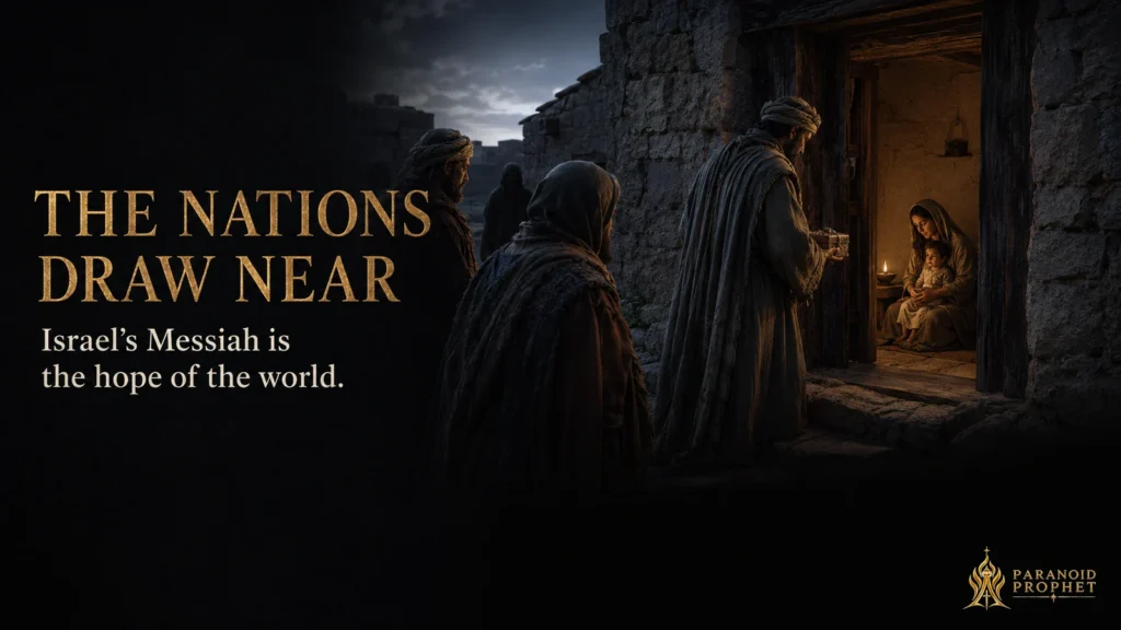 Travel-worn visitors from the east approach a humble first-century Judean house where Mary sits inside with the child Jesus, illustrating the nations drawing near to Israel’s Messiah.