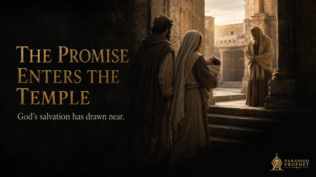 Mary carrying the infant Jesus into a first-century Jerusalem temple threshold with Joseph beside her and the elderly Simeon waiting in warm morning light.