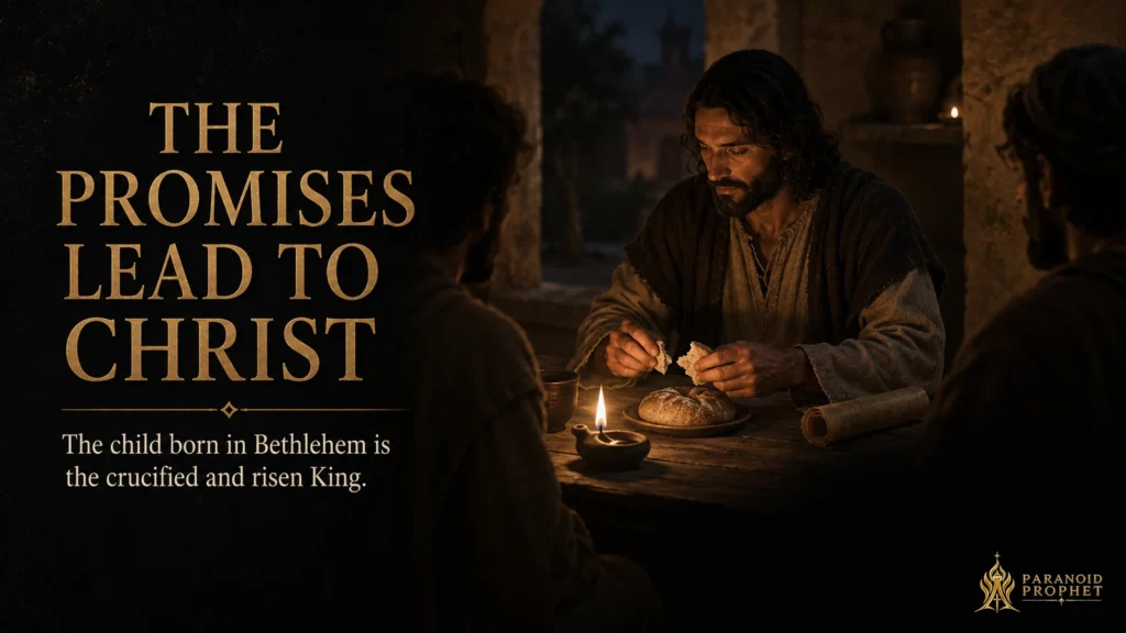 Jesus breaking bread at a humble first-century table with two disciples in shadow, illustrating that Scripture’s promises lead to the crucified and risen King.