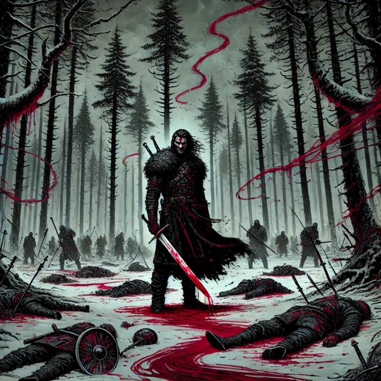 "Logen Ninefingers surrounded by red mist in a grimdark forest, standing amidst a battlefield of fallen enemies, inspired by First Law fan fiction."